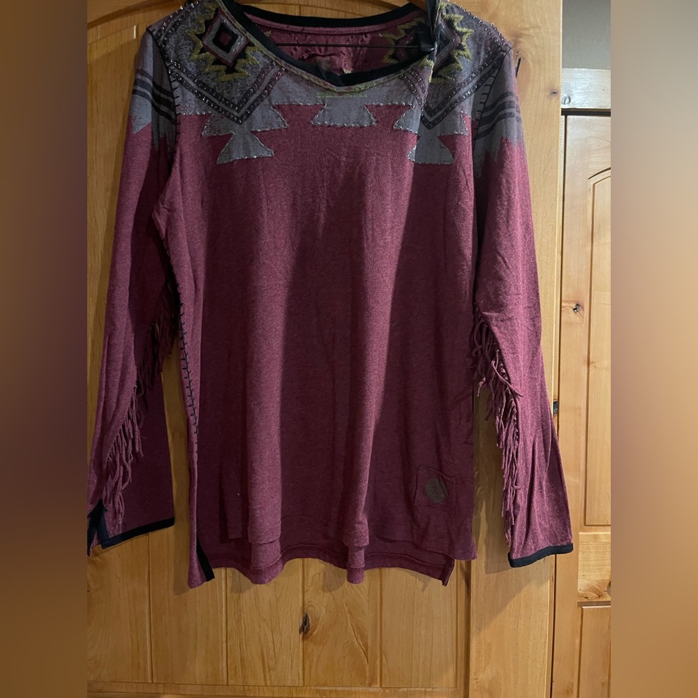 Double D Ranch Burgundy Sweater with Fringe